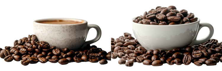 Poster - A mound of coffee beans accompanies a white porcelain cup, with the mug set apart on a plain white background