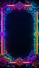 Poster - Neon Flower Frame Template Glowing Floral Border for Creative Design