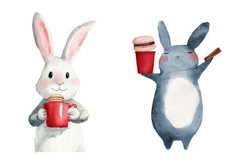 Poster - On a simple white background, an adorable bunny in a cup is illustrated in a funny watercolor style, perfect as a poster for children
