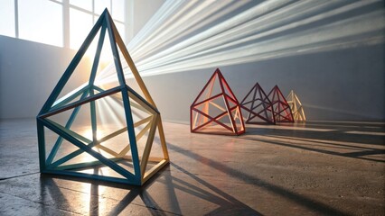 Poster - Geometric shapes catching sunlight, casting dynamic shadows in a modern space. The interplay of light and form creates a visually stunning abstract composition