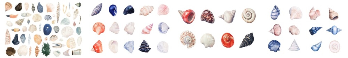 Aufkleber - Seashell illustration paired with watercolor sea-shells, positioned on a simple and isolated background