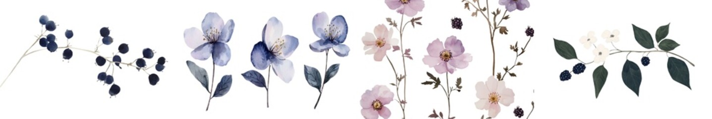 Aufkleber - Isolated on a white background, a watercolor botanical illustration features ripe blackberries on a branch, complete with floral design elements