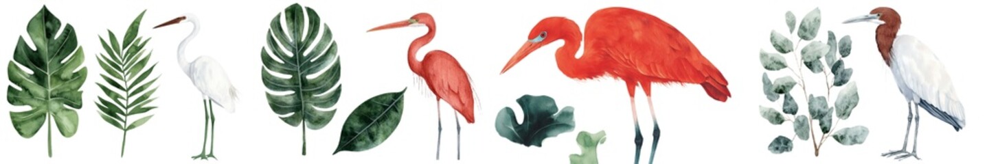 Poster - The design features watercolor illustrations of tropical flowers, palm leaves, and ibis birds, placed on a simple white background for a floral look