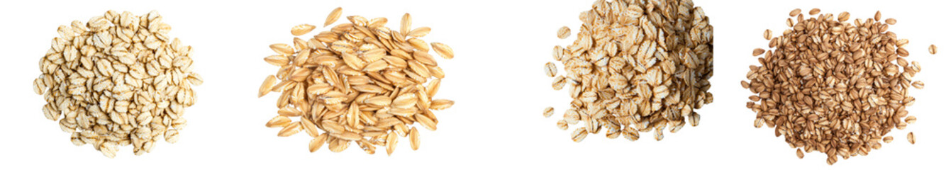 Poster - In a macro photograph taken from directly above, a pile of peeled oat grains is shown against a white background
