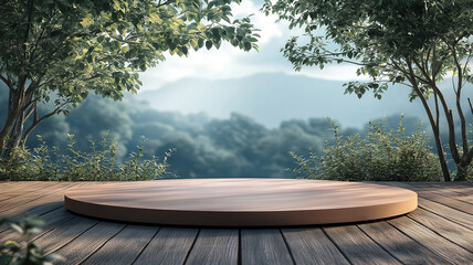 Wall Mural - wooden podium with nature background designed for elegant product display and branding mockup