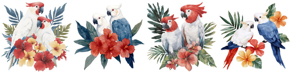 Poster - A poster featuring a watercolor illustration of parrots and tropical flowers is set against a white isolated background