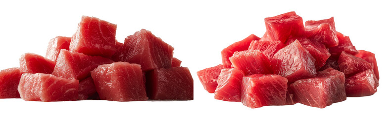 Poster - On a white background, pieces of fresh tuna fish are shown after being cooked in oil