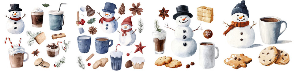 Aufkleber - A white background serves as the setting for a watercolor illustration of Christmas cookies and a snowman