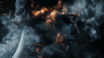Wall Mural - A double exposure of the silhouette face and head profile of an attractive woman, with digital glowing particles flowing through her skin, surrounded by dark smoke, with galaxies in the background.