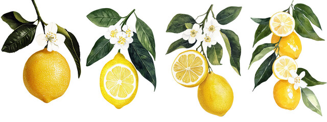 Poster - The watercolor illustration features a blooming citrus branch with a ripe lemon, isolated on a white background for a clean and minimalist visual effect