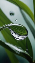 Wall Mural - Close-up of a water drop rolling down a leaf for skincare ad