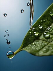 Wall Mural - Close-up of a water drop rolling down a leaf for skincare ad