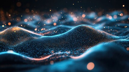 Poster - Abstract Waves of Light with Sparkling Particles in Dark Background