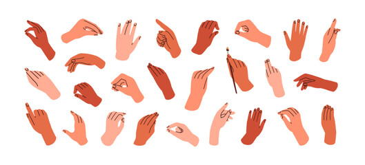 Poster - Hand gestures, signs, poses, actions set. Fingers holding, pointing, touching, grabbing, gripping and taking something in different positions. Flat vector illustration isolated on white background