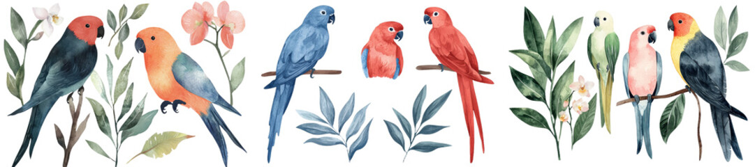 Poster - This set includes watercolor depictions of a green parrot, orchid, anthurium, and tropical palm leaves