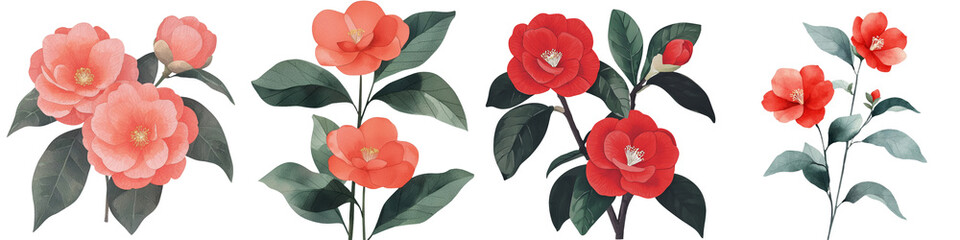 Aufkleber - This watercolor drawing, a botanical painting, depicts a bouquet of flowers including a camellia, isolated on white, exemplifying flora design