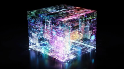Poster - Futuristic Abstract Cube with Colorful Light Patterns in Dark Space