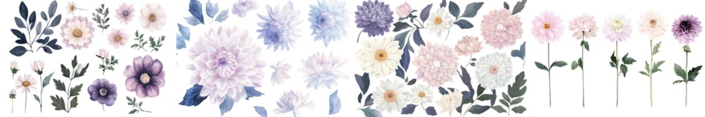 Poster - Dahlia flowers and leaves are showcased in a beautiful watercolor botanical painting