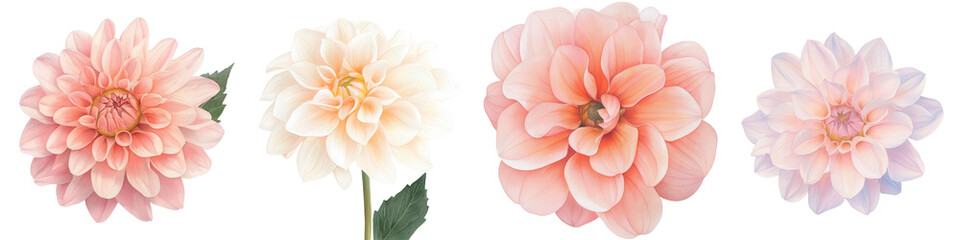 Poster - The dahlia is depicted in a delicate watercolor botanical painting on an isolated white background with flowers