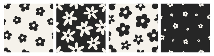 Fototapete - Seamless daisies, floral patterns set. Groovy flower prints, botanical designs. Endless texture for fabric, textile, wallpaper, wrapping. Cute feminine backgrounds. Printable flat vector illustration