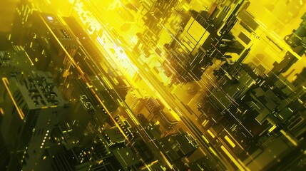 Poster - This dynamic digital artwork features a vibrant yellow abstract cyberpunk landscape, showcasing a fusion of technical elements and futuristic design, perfect for modern visual projects.