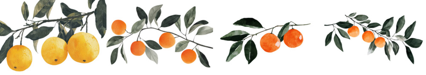 Poster - Watercolor set of hand-drawn mandarins and oranges, a type of fruit