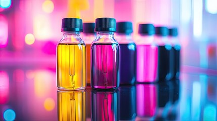 Poster - Vibrant Colorful Liquid Bottles on Reflective Surface Under Neon Lights