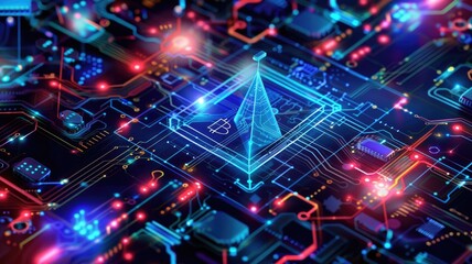 Poster - Futuristic circuit board with glowing components. Digital art of blue digital hologram with vibrant ct glowing color. Technology innovation and innovation concept for design and print. Macro. AIG53.