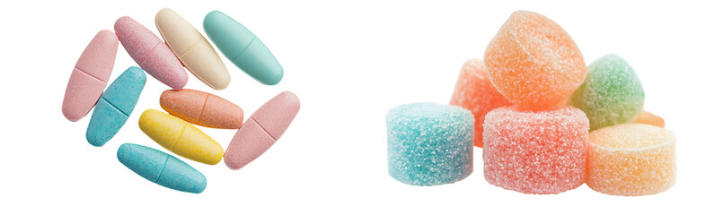 Poster - Isolated on a white texture, an assortment of colorful candies is seen from directly overhead