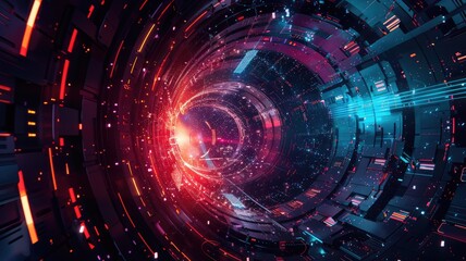 Poster - A vibrant and abstract digital space illustration featuring colorful lights and intricate patterns, representing futuristic technology and data visualization.