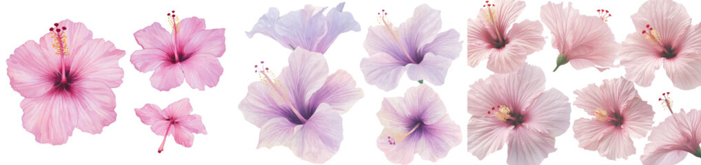 Poster - Pink hibiscus flowers are beautifully illustrated in a watercolor botanical piece set on a clean and isolated white background, highlighting tropical flora