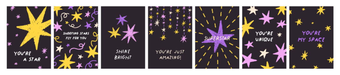 Aufkleber - Postcard designs with textured stars on black sky and inspirational phrases, set. Motivational words, typography, vertical posters, starry greeting cards in cute doodle style. Flat vector illustration