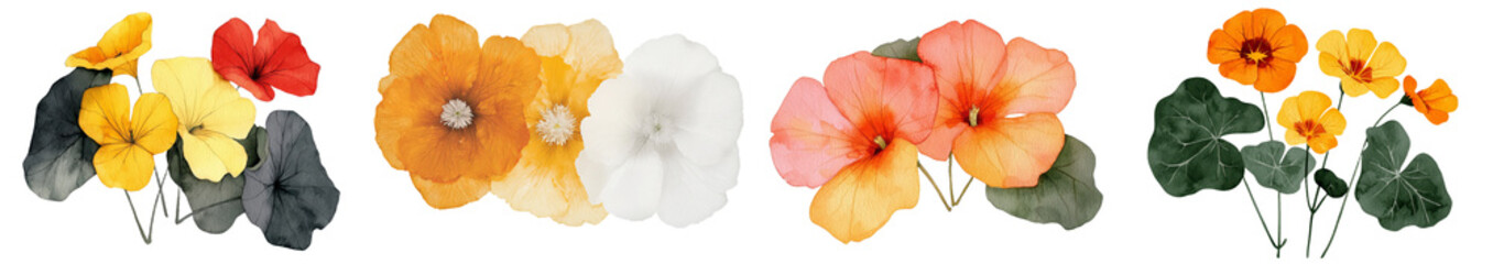 Poster - Yellow nasturtium flowers are depicted in a hand-drawn watercolor illustration on an isolated white background
