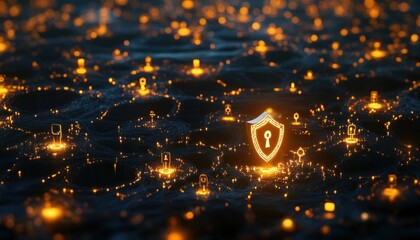 Poster - Golden Lock and Shield Concept for Cybersecurity with Digital Connections