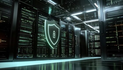 Poster - Futuristic Data Center with Digital Shield and Lock Icon for Protection