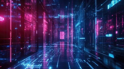 Poster - Futuristic Digital Corridor with Neon Lights in Vibrant Colors