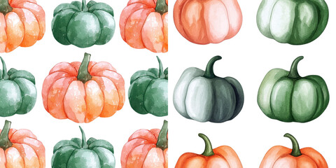 Poster - An autumn pattern is seamlessly designed with multicolored pumpkins in watercolor