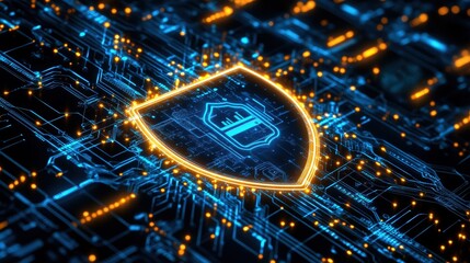 Poster - Glowing Shield Symbol Protecting Network Data with Digital Lock Design