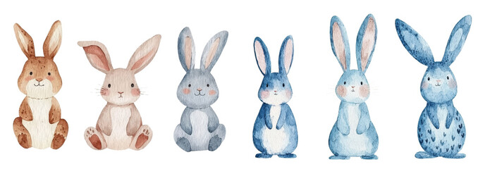 Poster - Watercolor illustration of bunnies accompanied by paint splatter, presented on a plain white isolated background