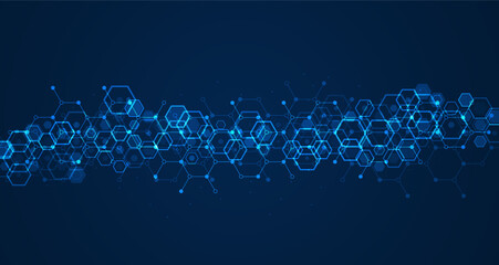 Poster - Hexagons pattern on blue background. Genetic research, molecular structure. Chemical engineering. Concept of innovation technology. Used for design healthcare, science and medicine background