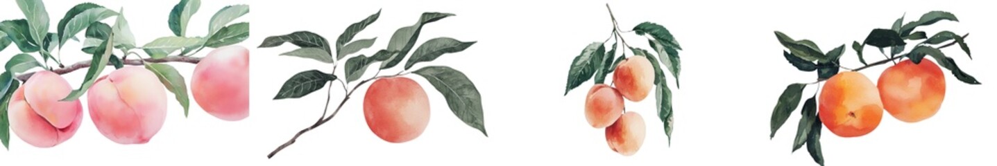Poster - This watercolor illustration is a vintage botanical representation of a peach branch, complete with luscious fruit