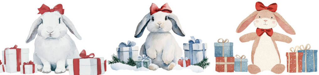Aufkleber - A hand drawing of a bunny and gift on a white background is rendered in watercolor for the New Year's theme