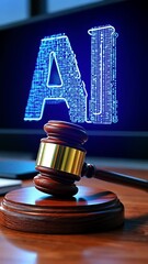 Poster - Justice system explores AI integration in courtrooms with a gavel and digital display