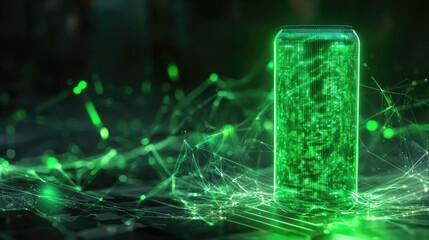 Poster - Futuristic Green Battery with Digital Data Visualization Concept
