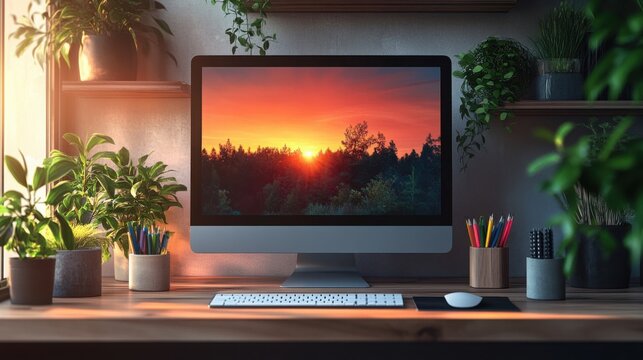 Modern graphic designer desk with computer displaying colorful digital art software, creative design tools and color palette in an cozy office setting