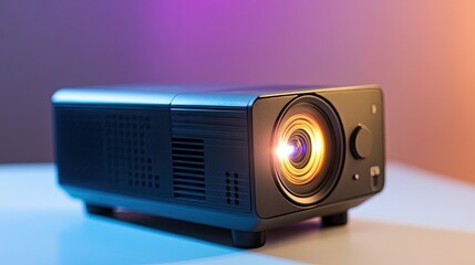 Poster - Modern Projector on a Table with Colorful Light Background
