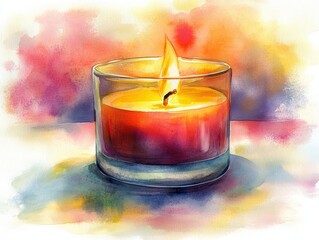 Poster - Warm Watercolor Candle in Glass Holder with Soft Glow and Gentle Colors, flash card for kids