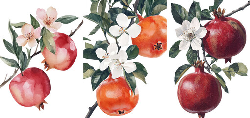 Poster - This watercolor painting is a botanical illustration of a pomegranate, complete with ripe fruits, leaves, and flowers on a branch, isolated on white