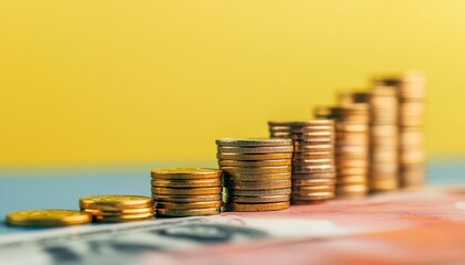 Poster - Graph of Rising Cryptocurrency Coins with Banknotes on a Colorful Background