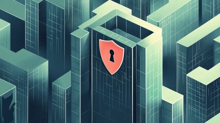 Poster - Cybersecurity Illustration with Shield Design in a Digital Cityscape Environment